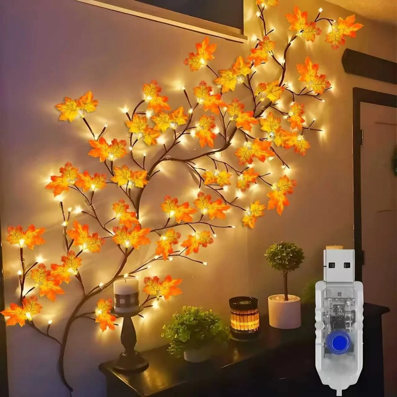 Wall Decor Lighting - DIYメープルリーフローズペンダントUSB電源式、家庭の壁の花飾りやナイトライトに最適、マルチモード柳の枝ライト
