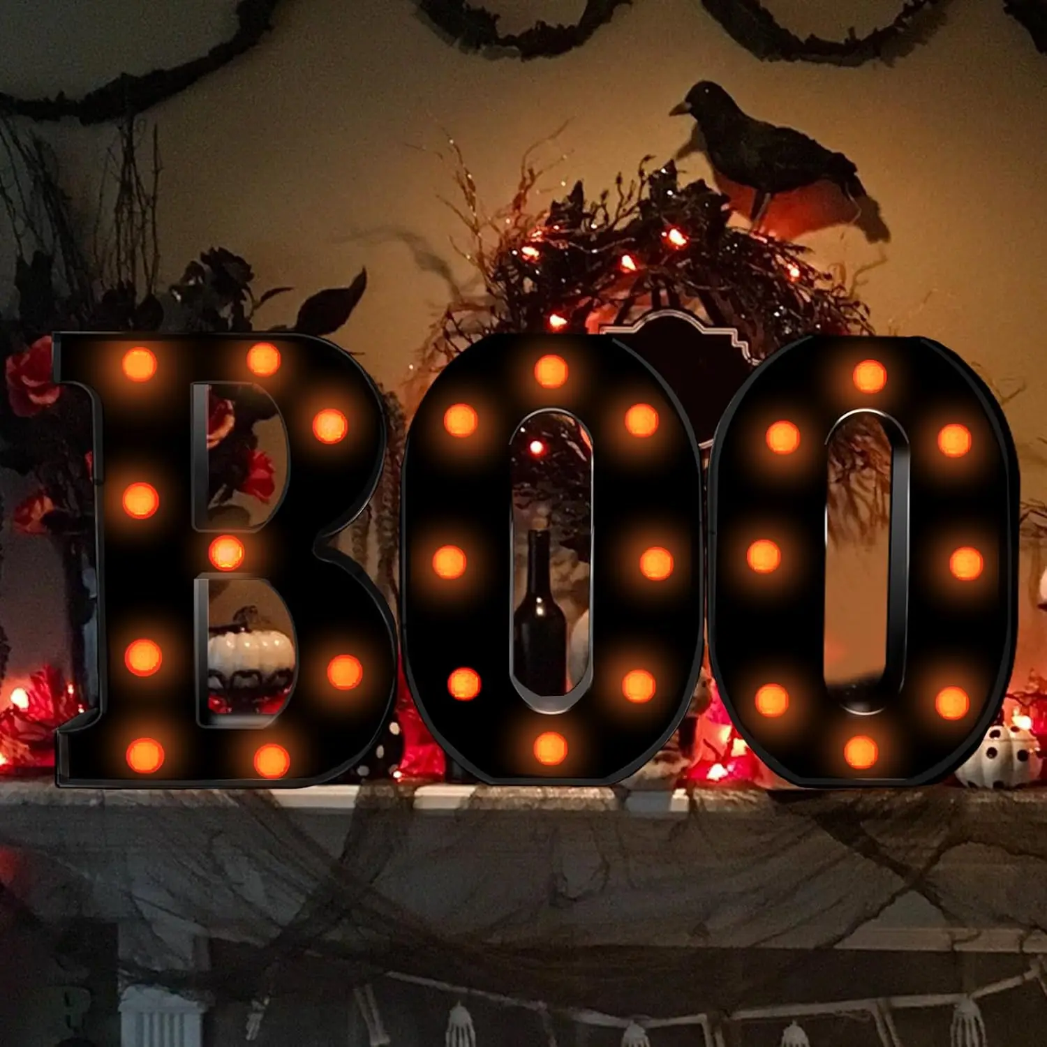 Light Up Letters Marquee - ハロウィン装飾 室内用-3つのLED電光掲示板ライトアップレター ブラックブーサインレターライト 家庭用 室内 キッチン