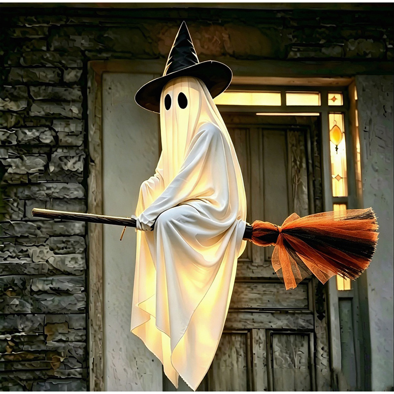 Lighting Decor For House - ハロウィンのフライングブルームとゴーストデコレーション、温かい光を放つ揺れるゴースト、屋外のホラーハウス用ウィッチブルームの小道具