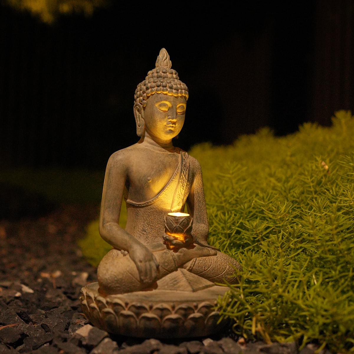 Decor Lighting India - 禅風の太陽光発電の仏像、光、樹脂製の庭と玄関の装飾、屋外の装飾品