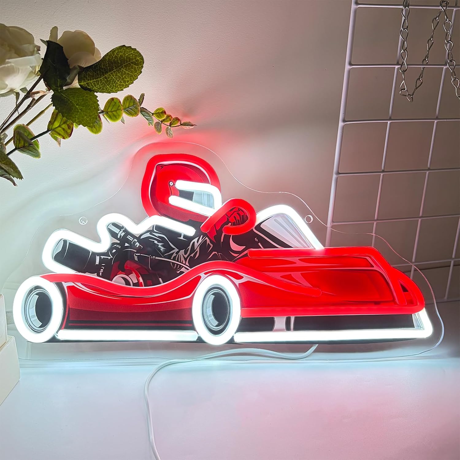 Decor Kart Lighting - ゴーカートレーサーLEDネオンサインUSBウォールライト、ゲームルーム、レーシングクラブ、ティーンの寝室、モータースポーツテーマパーティー、誕生日デコレーションギフトに最適