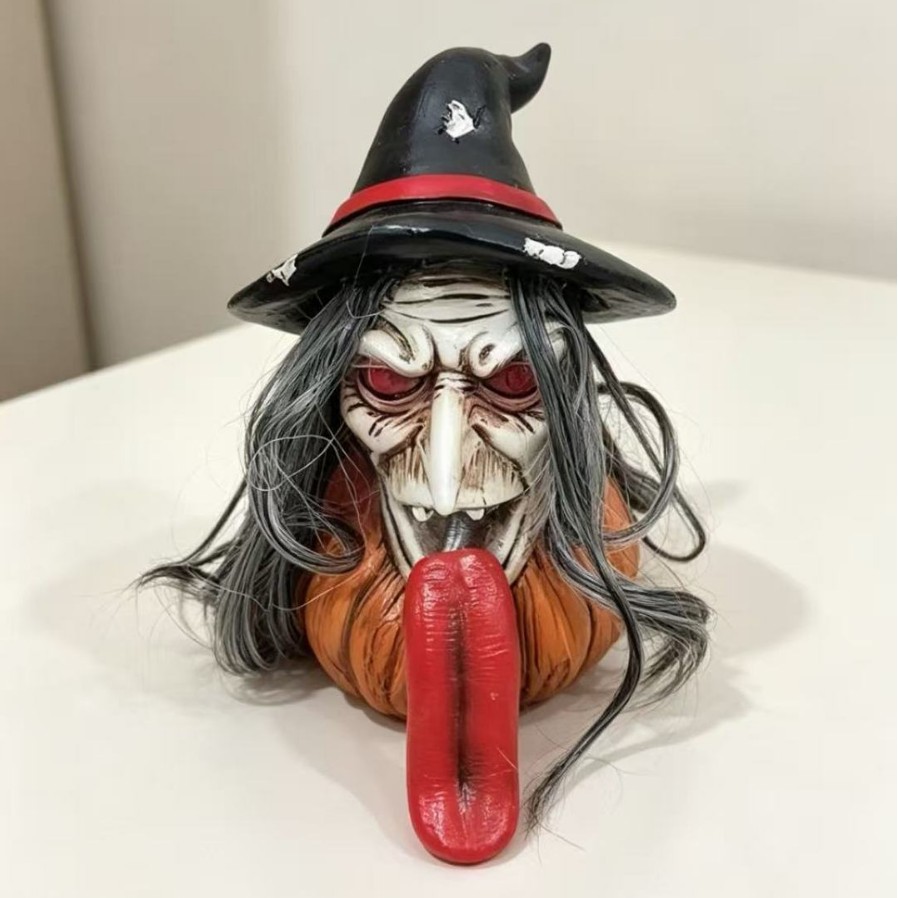 Lighting Decor For House - ハロウィンの新しい長舌魔女カボチャの樹脂製オーナメント、恐ろしい魔女の頭のデスクトップ装飾、お化け屋敷パーティー用
